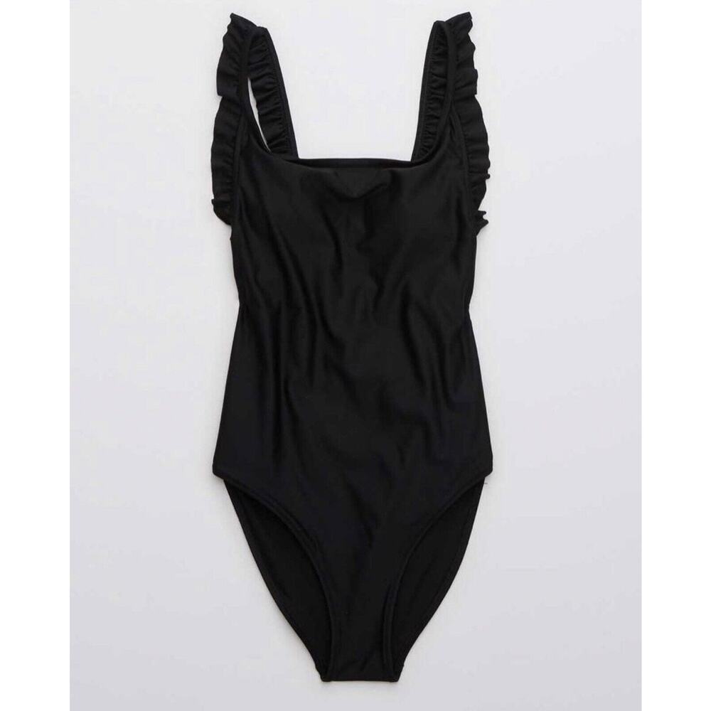 NWOT Aerie‎ Womens One Piece Swimsuit Small Ruffle Scoop Padded Black